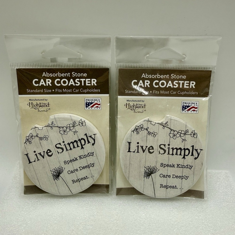 Highland Home Absorbent Stone Car Coasters Live Simply Lot of 2 Made In USA